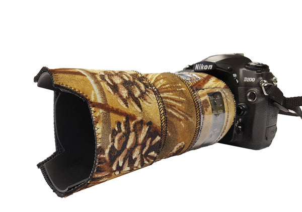Nikon 105 Micro f2.8 VR AFS Neoprene Cover in Moss Rubber-backed camouflage neoprene fabric