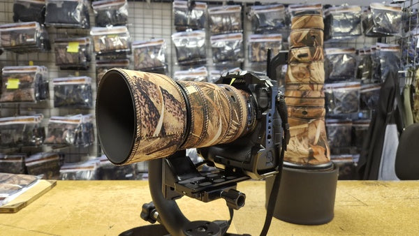 Nikon Z 105 f2.8 Macro Neoprene protective lens co in Reed/Harvest Rubber-backed camouflage neoprene fabric