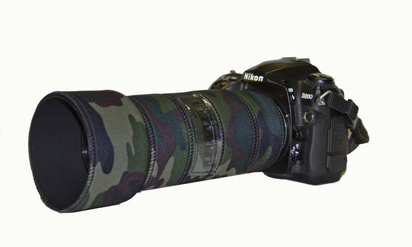 Nikon 70-200mm f4 Neoprene Lens Protection Cover in Forest standard camouflage neoprene fabric