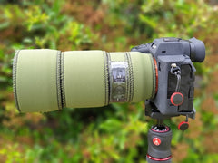 Sigma 105mm f2.8 DG DN Macro Neoprene lens cover in Olive Green Rubber-backed camouflage neoprene fabric