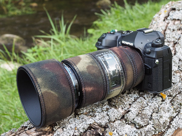OM System M.Zuiko ED 90mm F3.5 Neoprene lens cover in Moss Rubber-backed camouflage neoprene fabric