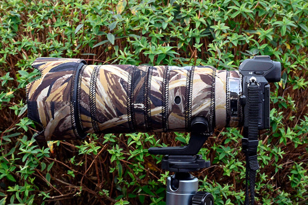 Nikon Z 70 200 f2.8 VR S Neoprene lens cover in Brown Grass Rubber-backed camouflage neoprene fabric