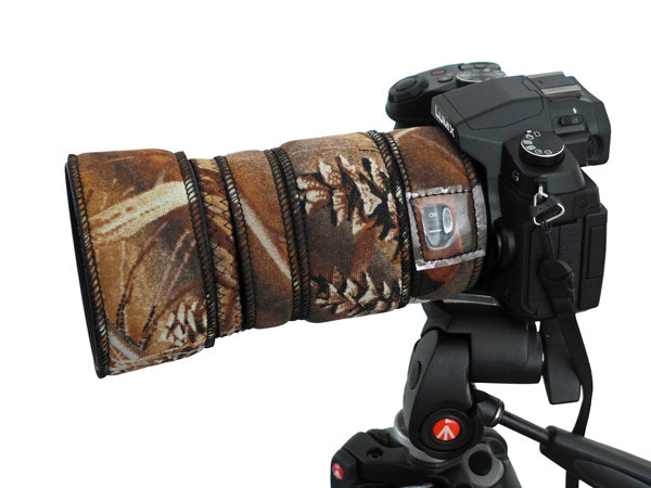 Panasonic Lumix 100 300 Vario Neoprene lens Cover in Reed Harvest Rubber-backed camouflage neoprene fabric