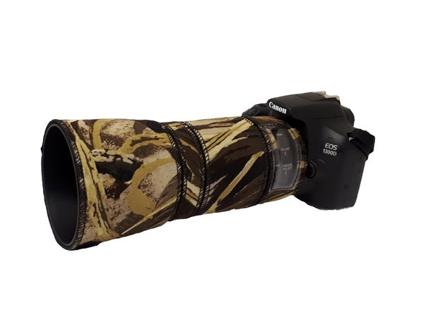 Canon 70 300 f4-5.6 IS mk2 (Black lens) in Moss Rubber-backed camouflage neoprene fabric
