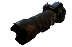 Nikon 70 200 f2.8 E VR FL neoprene lens cover in Moss Rubber-backed camouflage neoprene fabric